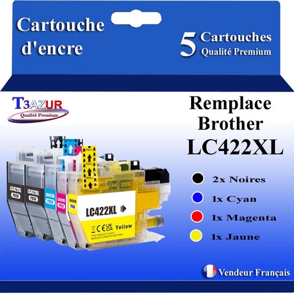 T3AZUR- Lot de 5 Cartouches compatibles avec Brother LC422 XL pour Brother MFC-J6590DW  MFC-J6940DW