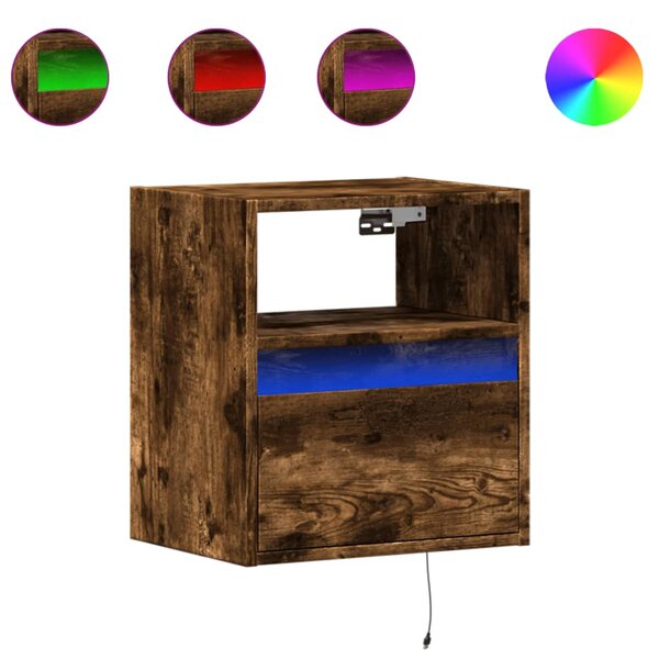 vidaXL Table de chevet murale avec lumières LED chêne fumé