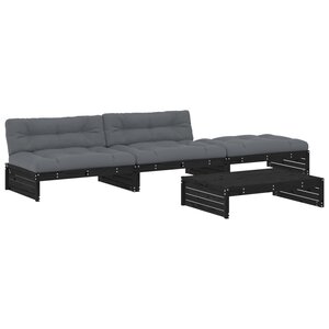 vidaXL Salon de jardin 4 Pièces avec coussins noir bois massif