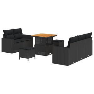 Ensemble de Canapés de Jardin 8 Pièces avec Coussins Noir Rattan Poly Acacia