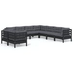 vidaXL Salon de jardin 9 Pièces avec coussins Noir Bois de pin massif