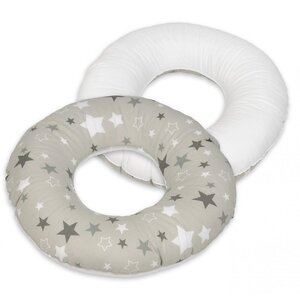 Coussin rond post natal Etoiles girses et blanches sur fond gris blanc