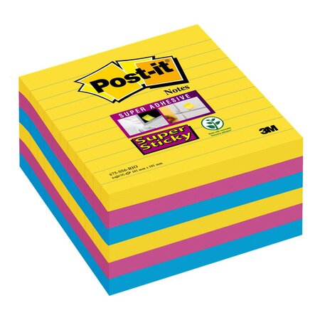 Bloc de notes Super Sticky lignées, 101 x 101 mm, couleurs ultra assorties, lot de 6, 90 feuilles (paquet 6 unités)