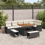 Canapés de jardin 9 pièces avec coussins noir en rotin poly acacia