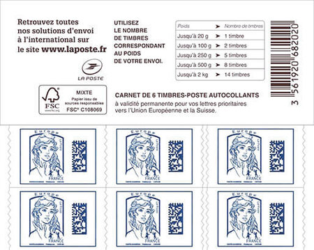 Carnet de 6 timbres Marianne 2017 - Europe