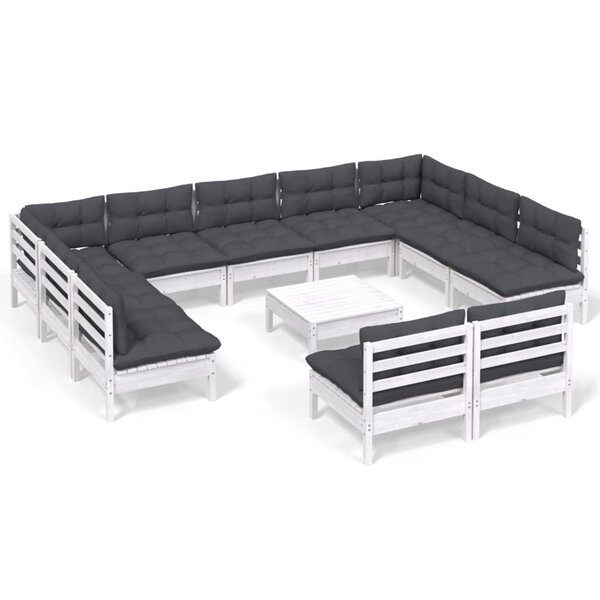 vidaXL Salon de jardin 12 Pièces avec coussins blanc bois de pin solide