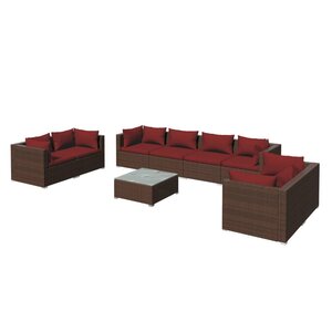 Salon de jardin meuble d'extérieur ensemble de mobilier 9 pièces avec coussins résine tressée marron 02_0018123