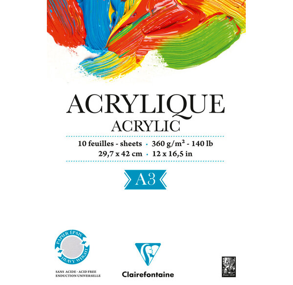 Bloc Acrylique 360g 10F encollé 1côté A3 CLAIREFONTAINE