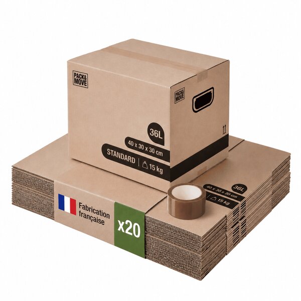 Pack and Move - Lot 20 cartons déménagement stockage livres - 40 x 30 x 30 cm - Poignée renforcées - 1 adhésif offert
