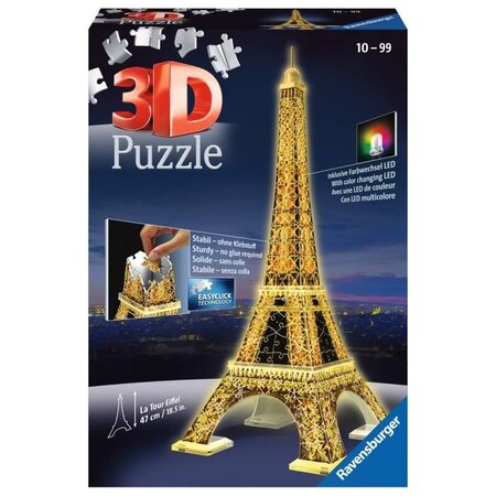 Puzzle 3d tour eiffel illuminée - ravensburger - monument 216 pieces - sans colle - avec leds couleur - des 10 ans