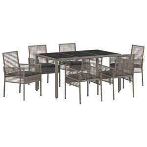 Ensemble de salle à manger de jardin 7 pièces avec coussins en poly rotin gris