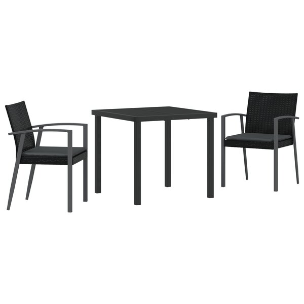 vidaXL Ensemble de salle à manger de jardin   3 pièces  avec coussins noirs en poly rotin.