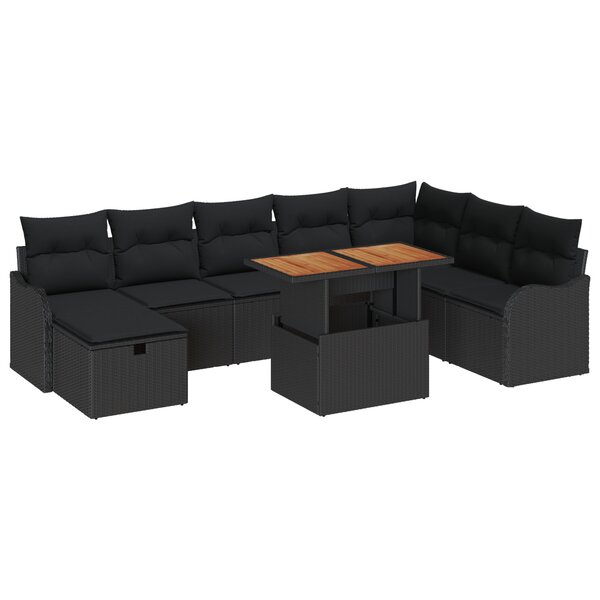 Ensemble de Sofa de Jardin de 9 Pièces avec Coussins Noir Poly Rattan