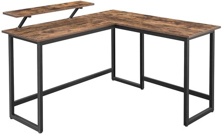 Bureau en forme de L table d’angle avec support d’écran pour étudier jouer travailler gain d’espace pieds réglables cadre métallique assemblage facile marron rustique