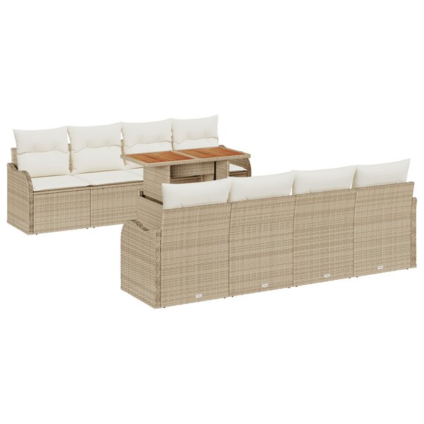 vidaXL Ensemble de Canapé de Jardin 9 Pièces avec Coussins Beige Poly Rattan