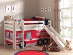 PINO Lit mezzanine avec toboggan pin massif Blanc + Rideau de lit pompier