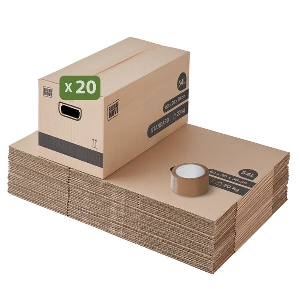 Pack and Move - Lot 20 cartons déménagement stockage standard - 60 x 30 x 30 cm - Poignées renforcées - 1 adhésif offert