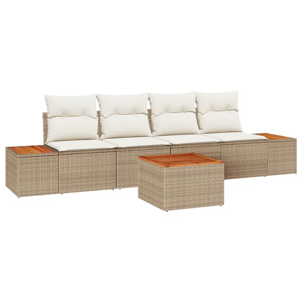 vidaXL Ensemble de Salon de Jardin 5 Pièces avec Coussins Beige en Poly Rattan et Acacia