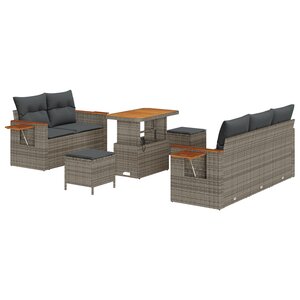 Ensemble de canapé de jardin 8 pièces avec coussins gris poly rotin acacia