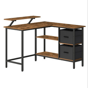 Bureau en forme de L avec 2 tiroirs spacieux bureau gaming avec support pour écran bureau d’angle bureau d’ordinateur avec étagère réglable pour bureau marron 12_0004616