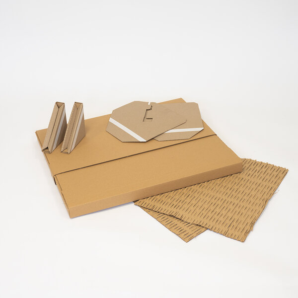 Kit emballage tableau 2: carton croix, bande adhésive, 4 coins, 2 plaques métallisées