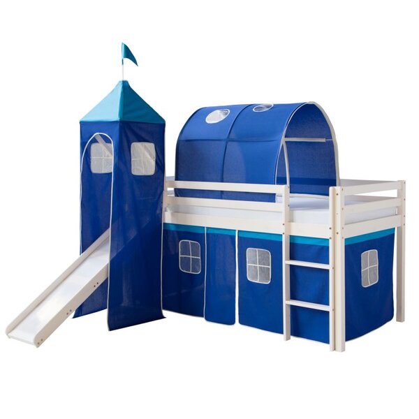 Lit bleu mi-haut 90x200 cm avec tour toboggan matelas