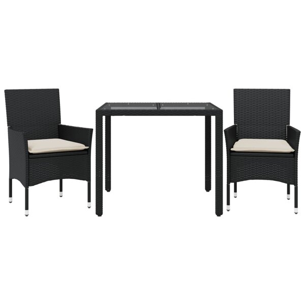 vidaXL Ensemble à manger de jardin et coussins 3 Pièces noir rotin verre