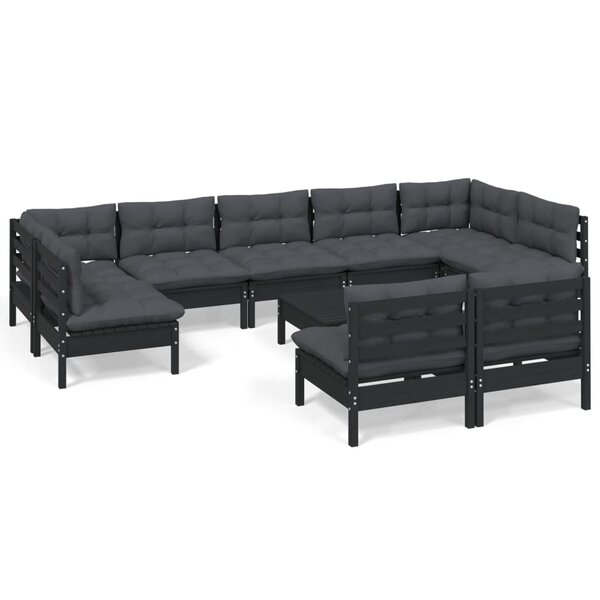 vidaXL Salon de jardin 10 Pièces avec coussins Noir Bois de pin massif