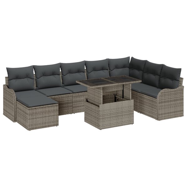 Ensemble de Canapé de Jardin 9 Pièces avec Coussins Rattan Poly Gris