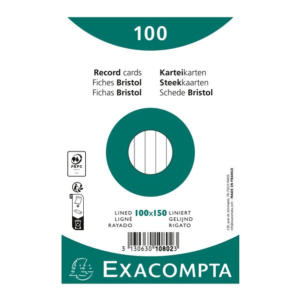 Paquet 100 Fiches Sous Film - Bristol Ligné Non Perforé 100x150mm - Blanc - X 20 - Exacompta