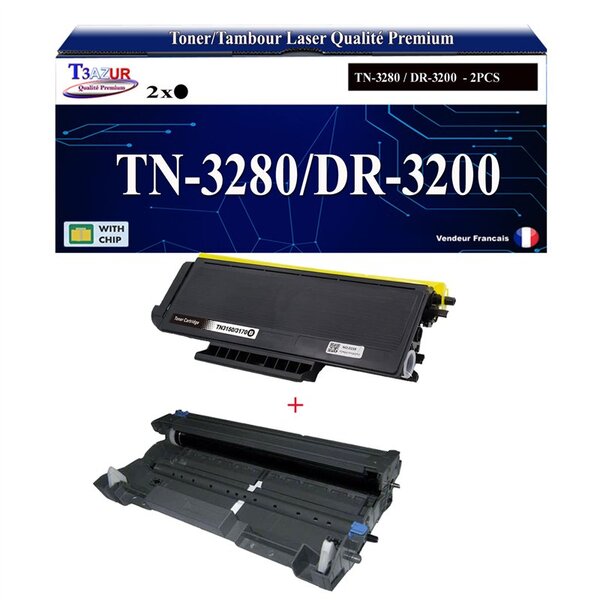 T3AZUR - Kit Tambour+Toner compatibles avec Brother TN3280  TN3230  DR3200 pour Brother DCP-8070  DCP-8070D  DCP-8080DN  DCP-8085DN