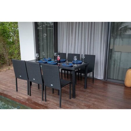 Ensemble repas de jardin 6 personnes - table 180x90cm avec plateau verre trempé et 6 chaises en résine tressée - Noir - IBIZASET