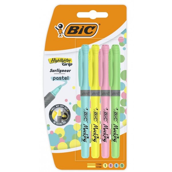 Lot de 4 surligneurs - pastels - bic