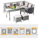 Salon de jardin 6 pers. grand confort canapé d'angle + 2 poufs + table à manger 9 coussins assise & dossier fournis résine tressée grise