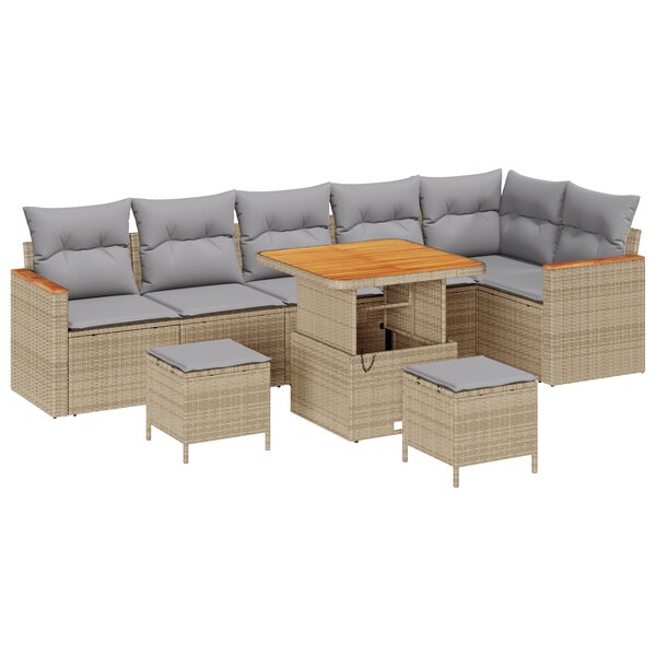 Canapé de jardin 9 pièces avec coussins beige poly rattan acacia