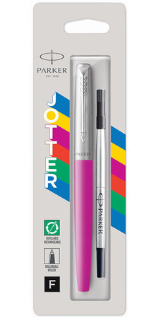 PARKER Jotter Originals stylo roller, magenta, attributs Chromés, Recharge noire pointe fine, sous blister