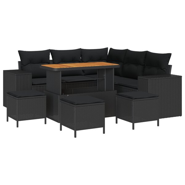 vidaXL Set de canapé de jardin de 9 pièces avec coussins noirs en poly rotin et acacia.