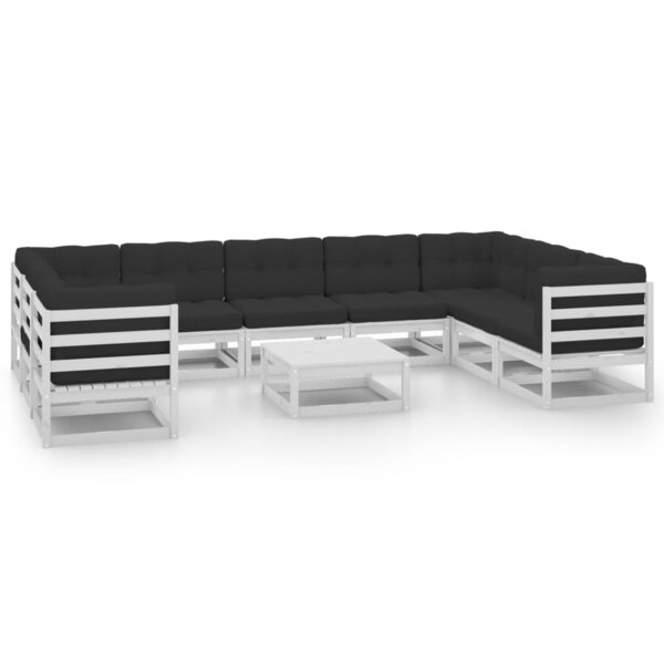 vidaXL Salon de jardin 10 Pièces avec coussins Blanc Bois de pin massif