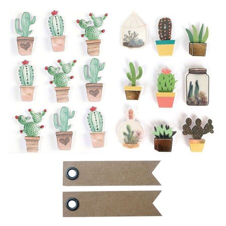 18 stickers 3D Cactus + 20 étiquettes kraft Fanion