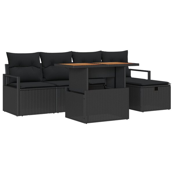 Set de canapé de jardin en 6 pièces avec coussins noir poly rotin