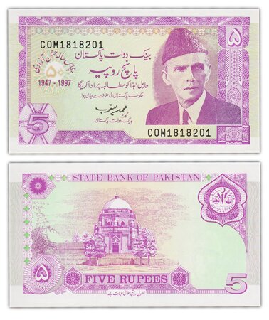 Billet de collection 5 rupees 1997 pakistan - neuf - p44