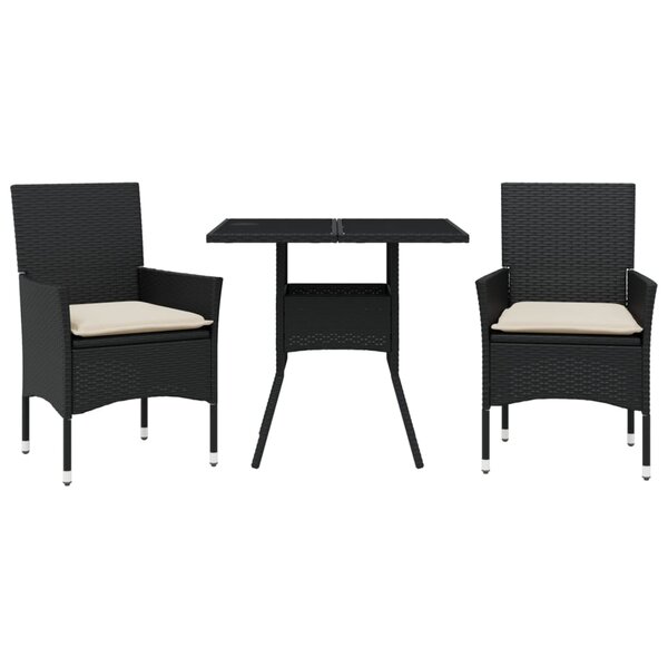 vidaXL Ensemble à manger de jardin et coussins 3 Pièces noir rotin verre