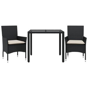 vidaXL Ensemble à manger de jardin et coussins 3 Pièces noir rotin verre