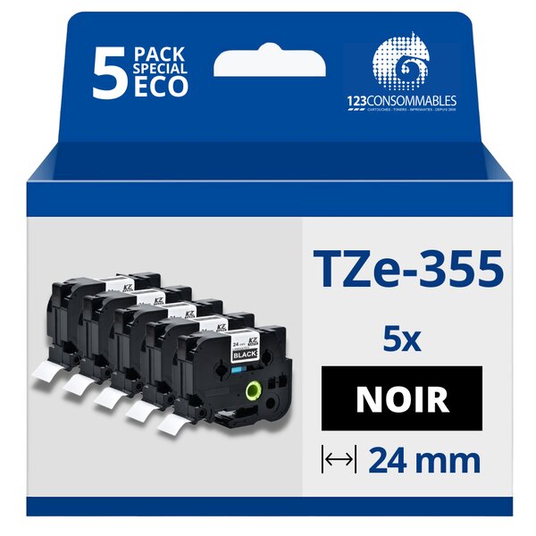 Pack de 5 Rubans compatible avec Brother TZe355 - Texte blanc sur fond noir - Largeur 24 mm x 8 mètres
