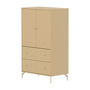 Flexa SAGA Armoire 2 portes et 2 tiroirs a facades rainurees Beige sable Oat Pieds metalliques et boutons Oat