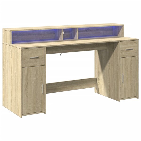 Bureau table poste de travail meuble d'ordinateur informatique étude avec lumières LED chêne sonoma bois d'ingénierie brun 02_0023421
