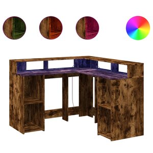 vidaXL Bureau et lumières LED chêne fumé 130x130x91cm bois ingénierie