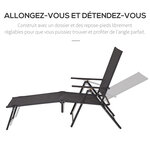 Bain de soleil pliable transat inclinable 5 positions chaise longue grand confort avec accoudoirs dim. 152L x 65l x 100H cm métal époxy textilène gris