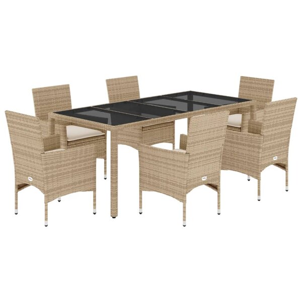 vidaXL Ensemble à manger de jardin et coussins 7 Pièces beige rotin verre