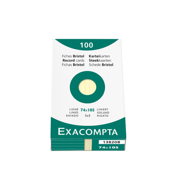 Étui de 100 fiches bristol ligné non perforé 74x105mm Jaune EXACOMPTA